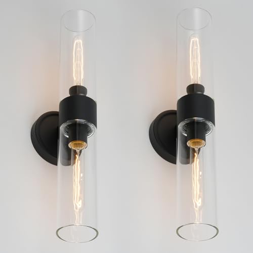 Image of Modern Wall Sconces Set of Two,Black Bathroom Vanity Light with Handblown Clear Glass Indoor Hardwired Wall Sconce Light for Bathroom Bedroom Living Room Hallway Stairway E26