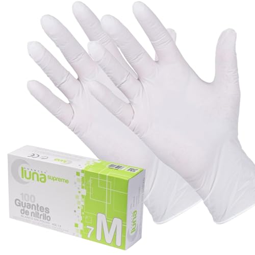 SUPREME LUNA | 100 Guantes desechables nitrilo blanco sin polvo - Guantes desechables sin látex no estériles - Guantes higiene y alta protección 3,5G (L)