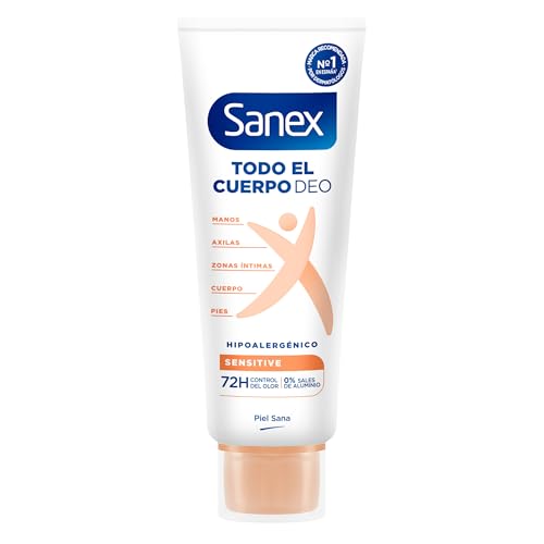 Sanex Crema Todo el Cuerpo Deo Sensitive 75ml, Desodorante para Manos, Pies, Axilas, Cuerpo y Zonas Íntimas, Protección 72H contra olor Clínicamente Probada,Testado Ginecológicamente, Hipoalergénico