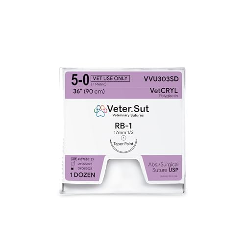 Image of VeterSut VetCRYL Absorbable Polyglactin Surgical Suture USP Size 5-0, (RB-1) 1 /2 17mm Taper Point Needle, 36 Inches (90 cm), 12 Count, Veterinary Use