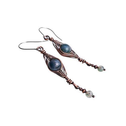 Green Moss Agate Herringbone Copper Wire Wrapped Boho Dangle Earrings with Stainless Steel Earwires - Unique Handmade Jewelry for Women