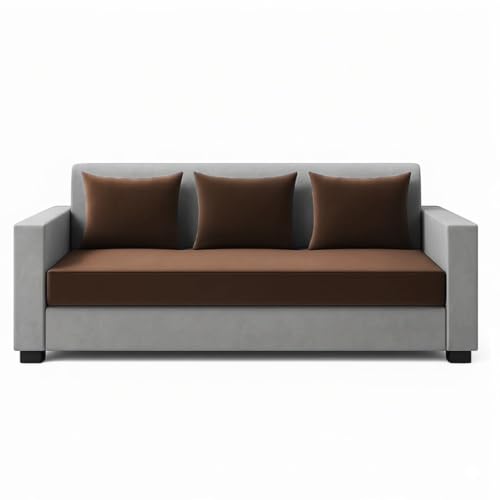 Image of FURNY Lexon 5 Seater Fabric 3+2 Sofa Set (Brown-Light Grey) Premium Velvet Finish | Durable & Comfortable | Ideal for Living Room