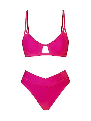 Image of CUPSHE Bikini Set for Women Bathing Suit High Waisted V Cut Bottom | Two Piece Swimsuit,Scoop Neck,Soft Removable Cups,Adjustable Straps,Cutout,Chic,Swimwear for Vacation,Beach,Pool