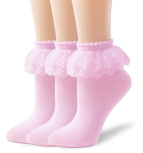 Image of Women Double Layer Ruffle Socks with Lace Trim - Princess Dress Socks, 3 Pairs