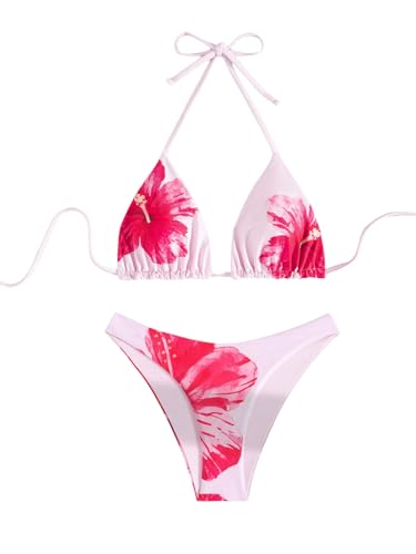 Maillot de bain 2 pièces bikini triangle coupe haute floral rose femme S