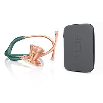 MDF Instruments ProCardial Cardiology Stethoscope, Lightweight Titanium, Adult, Dual Head, Rosegold/Emerald Green Tube + MDF Stethoscope Hard Case, Large