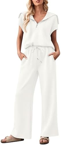 MEROKEETY Women 2 Piece Set Summer Outfits Sweatsuit Half Zip Cap Sleeve Sweatshirt Wide Leg Sweatpant Tracksuit Sets