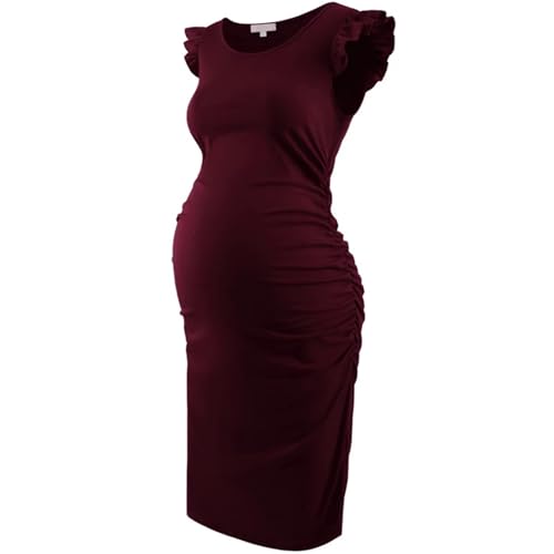 DASJKDI Umstandskleider Sommer Dehnbare Fliegende Ärmel Geraffte Seite Babyparty Bodycon Schwangerschaftskleid Kleidung for Schwangere(Burgundy red,S)
