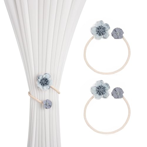 SUQ I OME 1 Pair of Handmade Artificial Flower Curtain Holdbacks Clips Window Drape Twist Tie Backs for Women, Girls Bedroom Decorative Draperies Holdbacks (Blue)