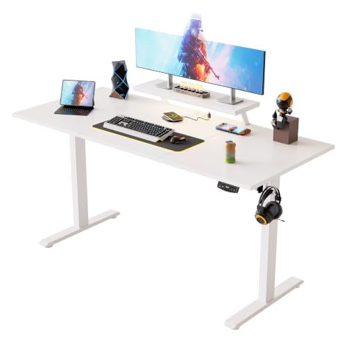 Klicelor Höhenverstellbarer Schreibtisch 120 x 80 cm Gaming Tisch mit LED Gaming Schreibtisch mit 2 Steckdosen & 2 Anschlüssen Computertisch mit Movable Monitorständer Weiß