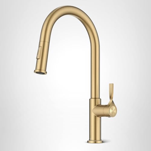 KRAUS Torak Pull Down Kitchen Faucet in Spot-Free Brushed Brass with 2 Function Sprayer, Pre-Attached Water Lines, and Mounting Hardware, KPF-2840SFBB