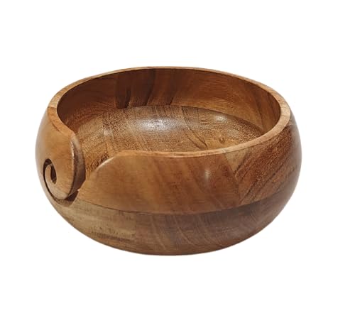 Image of Handmade Acacia Wood Yarn Bowl - Large Knitting & Crochet Holder for Tangle-Free Crafting - 6.5 inch x 3 inch (Natural Finish) - Gift for Knitters & Crocheters