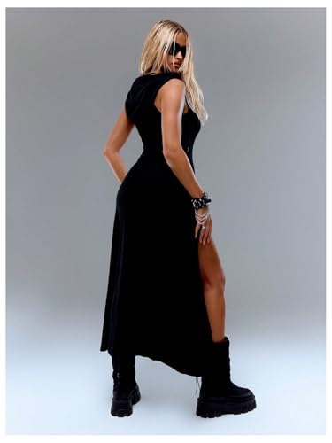 Verdusa Women's High Slit Hoodie Long Dress Rave Club Festival Outifts Bodycon Dress Goth Clothes2
