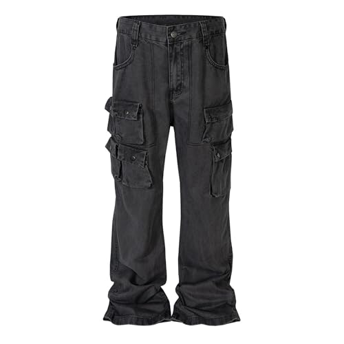 XYXIONGMAO Men's Black Functional Casual Trousers for Men Tactical Hip Hop Techwear High Street Flared Multi-Pocket Jeans