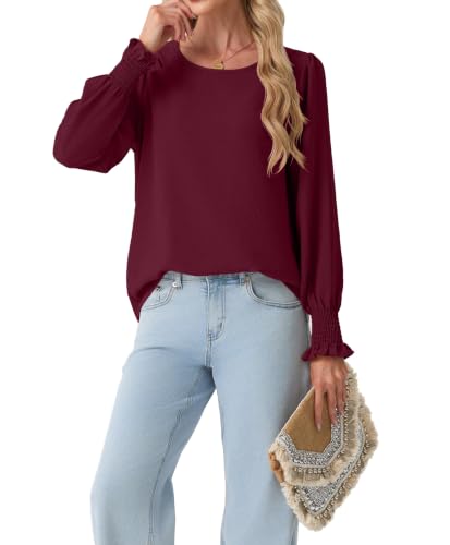 Lepunuo Blouses for Women Dressy Casual Long Length Sleeve Womens Tops with Smocked Cuffs A - Wine Red - image 4