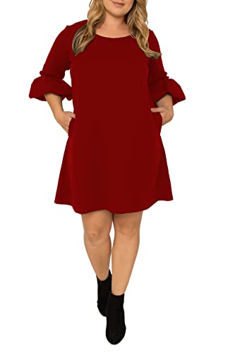 Standards & Practices Women's Plus Size Brick Red Crepe Knit 3/4 Balloon Sleeves Midi Shift Dress