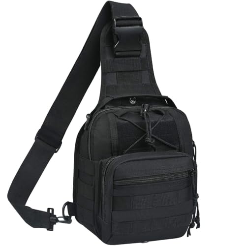 Image of GUSTAVE Sling Bag for Men - Durable Oxford Cloth, 3 Zipper Compartments, Quick Release Shoulder Strap, Multi D-Ring Attachments, Versatile for Hiking, Riding, Commuting, Black