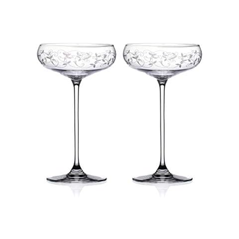 DIAMANTE Etched Champagne Saucer Glasses Pair Cover