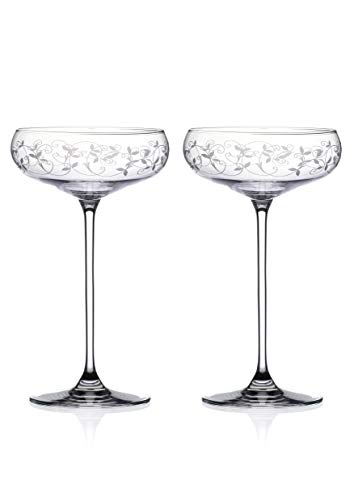 DIAMANTE Champagne, Cocktail or Prosecco Coupes/Saucers Glasses Pair with Arabesque Floral Etched Design in a Gift Box