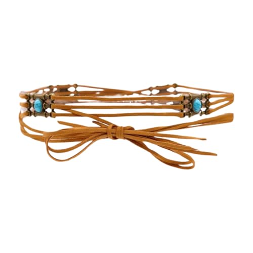 Women Ethnic Fashion Wrap Around Tie Belt Gold Charm Turquoise Blue Beads M L Brown z196