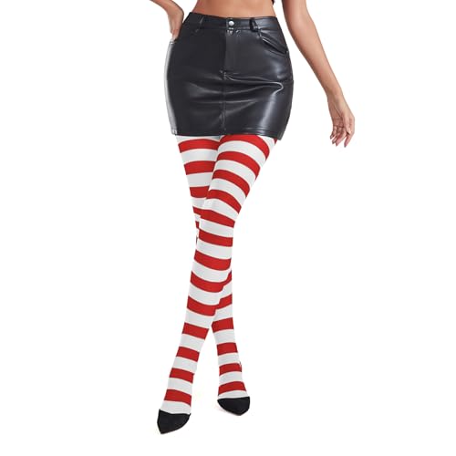 Zando Red And White Striped Tights Halloween Leggings for Women Striped Tights Stretchy Opaque Footed Pantyhose for Halloween Costume Party Red White Stripe