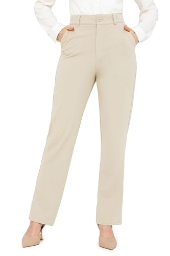Bamans Beige Dress Pants Women Work Business Casual Pants Tummy Control Office Straight Leg Trousers High Waisted Ladies Slacks Regular 31' L