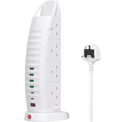 Tower Extension Lead with USB and Type-C – 8 Way Outlets, 6 USB Ports (4 USB-A, 2 TYPE-C), 2M Cable, Surge Protector, Vertical Power Strip with Independent Switches for Home Office Desk Use