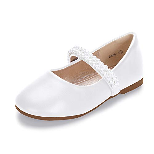 Hehainom Toddler Flower Girls Dress Shoes, Mary Jane Princess Ballet Flats with Bow and Peals for Party School
