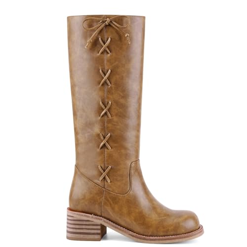 Image of UBWDU Women's Knee High Boots Chunky Block Heel Long Boots Square Toe Low Heel Boots for Women