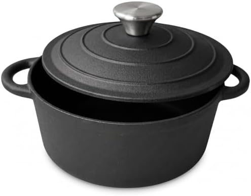 Gusseisen Topf 20cm mit Deckel,Dutch Oven 2L Emaillierter Brotbacktopf zum Brot Backen, Schmortopf Induktion & Backofengeeignet, runder Emaille Bräter für alle Herdarten (Schwarz)