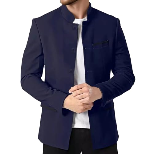Veste Blazer Homme à col Mao, col Montant, Doublure légère, Style décontracté Chic, vêtements de Sport, Style Japonais, Bleu Marine, Taille 5XL