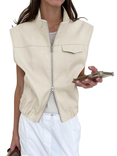Tankaneo Womens Zip Up Cargo Vest Tops Summer Casual Sleeveless Jackets Cap Sleeve Vests Outerwear with Pockets