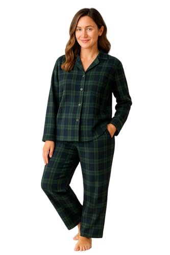 BEEYANOPAL Damen Flanell-Schlafanzug Set – 100% Baumwolle, Kariert, Langarmhemd mit Knopfleiste & Hose mit Gummibund, Weiche Nachtwäsche für...