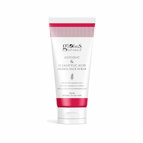 Image of Globus Naturals Glycolic & 1% Salicylic Acid Herbal Anti Acne Face Scrub, Enriched with Liquorice & Oats, Deep Pore Cleansing & Oil Control, Reduces Dark spots & Hyperpigmentation, 100 gm