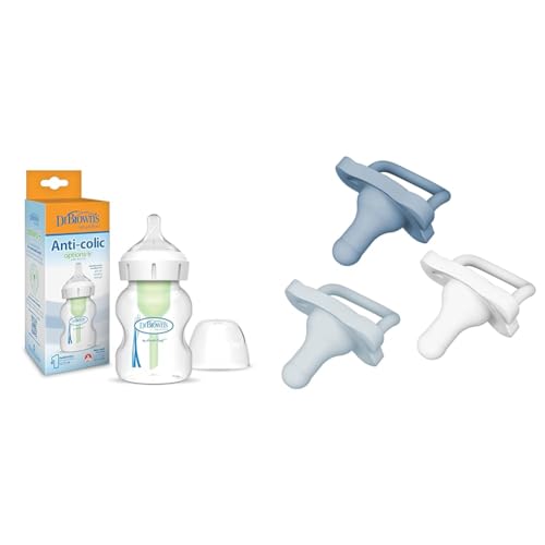 Image of Dr. Brown's Natural Flow Anti-Colic Options+Wide-Neck Baby Bottle, 5 oz/150 mL, Level 1 Nipple & HappyPaci 100% Silicone Pacifier 0-6m, BPA Free, White, Blue, Light Blue, 3 Pack