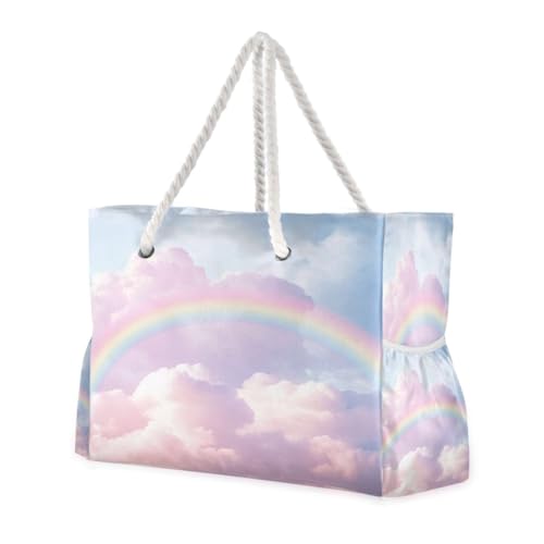 Rainbow in Cloud Beach Bag & Travel Tote Bag Large Sandproof with Zipper Closure, Wet Pouch for Swim Gym Travel, Lightweight Foldable Outdoor Bag