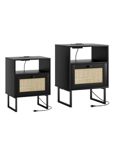 Image of Masupu Extra Large Rattan Nightstand,Boho Night Stand Modern Farmhouse Wood Bedside Table with Storage Drawer and Open Shelf,Side End Table for Bedroom,Living Room,Black