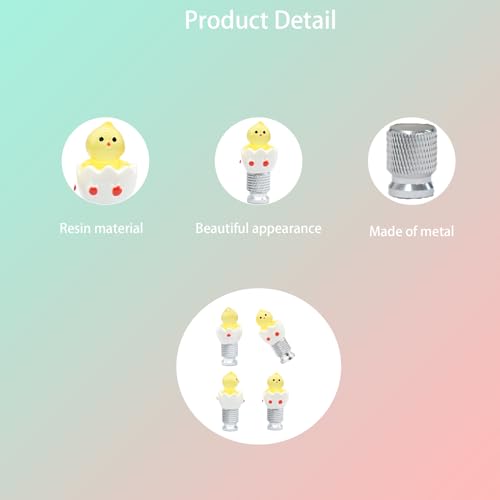 4-Pack Handmade Silver Base Yellow Eggshell Chicken Valve Stem Caps for Schrader Valves, Fun & Unique Car and Bike Accessory, Cute Tire Decoration, Novelty Wheel Accent