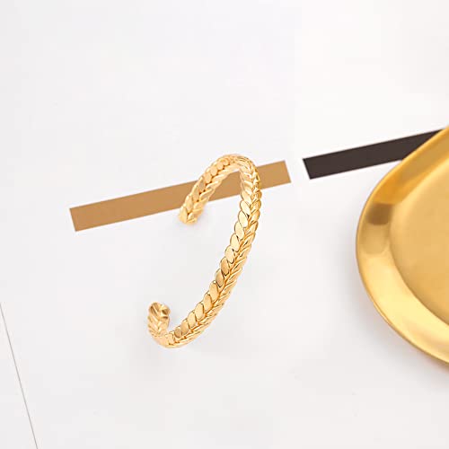 18K Gold Braided Wheat Cuff Bracelet, Open Bangle Bracelet For Women, Dainty Vintage Bracelets For Women Adjustable #TOP6