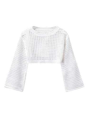 SweatyRocks Girl's Hollow Out Crochet Crop Sweater Long Sleeve Crewneck Knit Pullovers