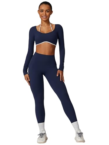 ABOCIW Workout Sets for Women Halter Long Sleeve Crop Top Scrunch Butt High Waist Leggings with Pocket, Navy Blue, S