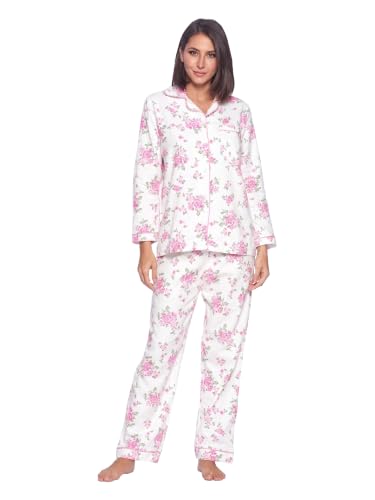 Casual Nights Womens Flannel Pajamas Sets | White Pink Flower | XX-Large | Cotton Flannel Pajamas for Women Set | Long Sleeve Floral PJ's Button Down Top & Pants