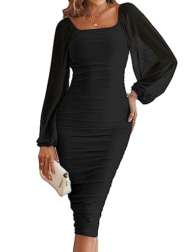 MEROKEETY Women's Long Sleeve Wedding Guest Formal Dress Fall Winter Ruched Bodycon Mesh Cocktail Party Midi Dresses, Black, XL