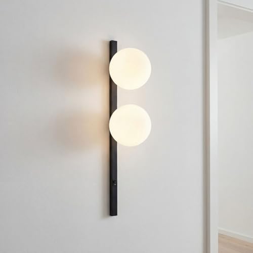 Applique con interruttore in vetro bianco e metallo nero altezza 60 cm E14 2 luci antiabbagliamento elegante e stilosa per soggiorno camera da letto e corridoio