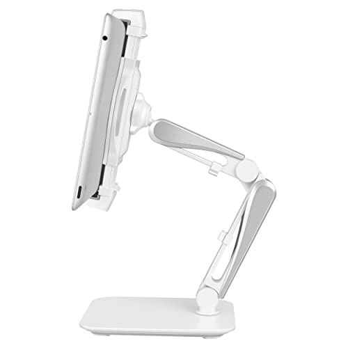Meishida Support de tablette de table réglable universel, support mobile avec bras multifonction réglable et pliable, support pour iPad avec base aluminium (blanc) Cover