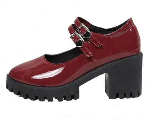 Image of Women's Platform Mary Janes Heart Cat Buckle Rivets Ankle Lolita Gothic Princess Platform Pumps Patent Leather Thorn Vintage Traditional Embroidery Upper Dress Shoes