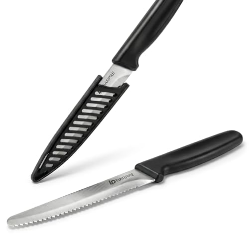 Barpre Serrated Tomato Knife Set of 2 11cm Ultra-Sharp High-Carbon Steel Utility Knives with Protective Sheath Lightweight Ergonomic PP Handle for Fruit Bread & Steak Dishwasher Safe Black