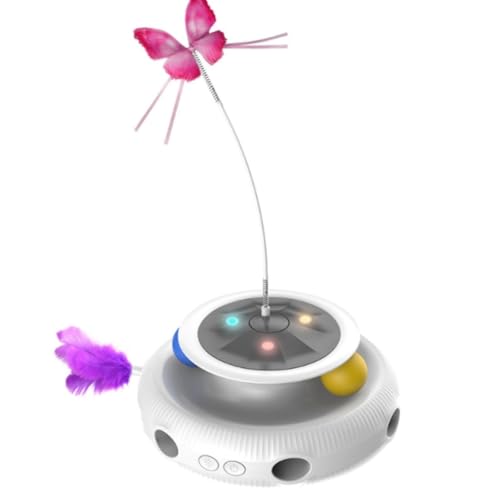 Arfobug猫おもちゃ 電動 猫じゃらし 自動 猫ボール 3in1一体式 6本取り替え天然羽根付 2000mAh Type-C 充電式電源 手作りの蝶々一人遊び猫おもちゃ自動 寂しさ解消/運動不足対策 狩猟天性満足 猫大興奮 (ホワイト)
