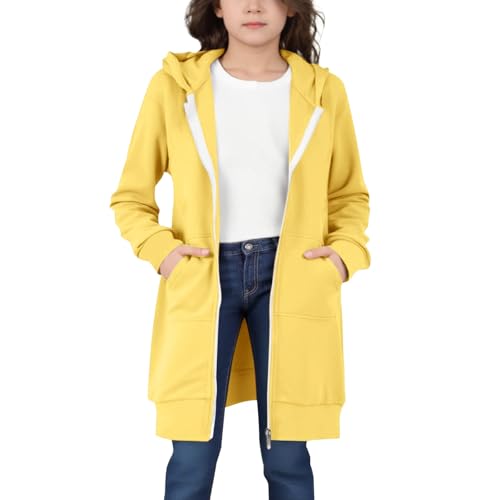 Girls Long Hooded Jacket Sweatshirts Coat Solid Color Zip Up Hoodie Outerwear Clothes Tops Fall Winter Clothes