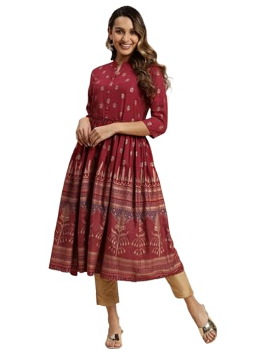Image of rangita Women's Rayon Relaxed Fit Anarkali Calf Length Printed Kurti | Kurta
